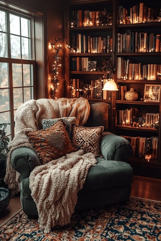 Moody green forest inspired snug room.