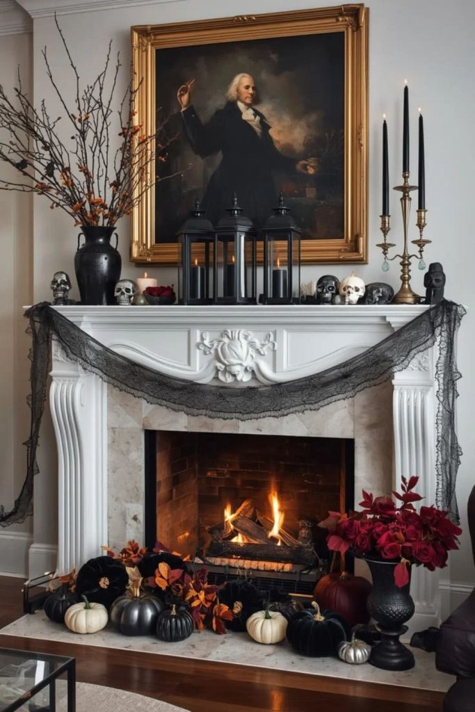Moody gothic mantel with dark fall decorations.