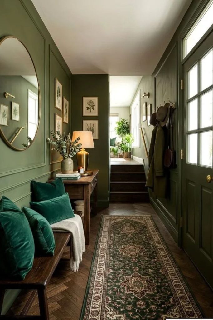 Moody green entryway with library style