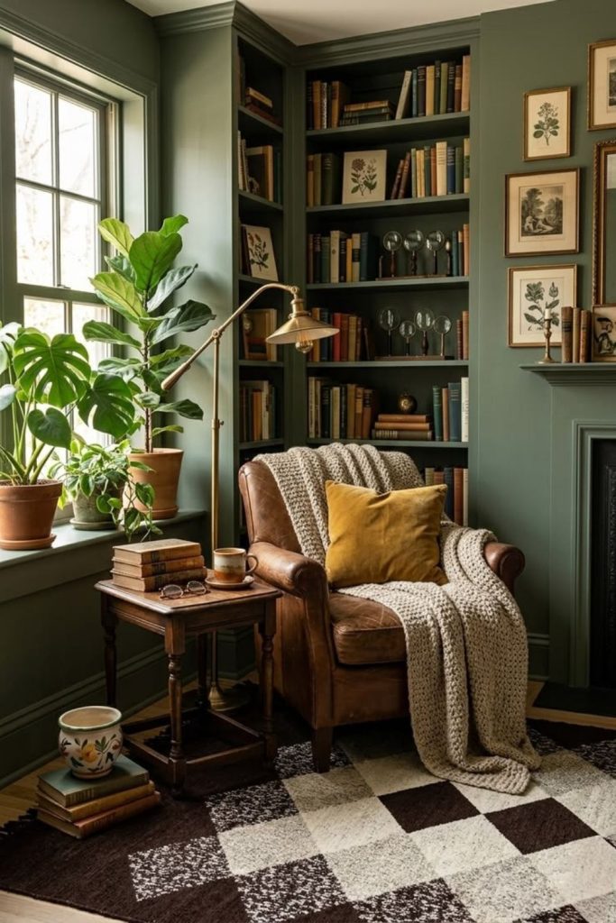 Moody green library with leather seating.
