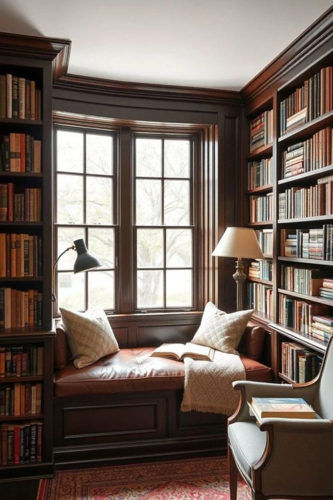 Moody library-inspired window reading seat.