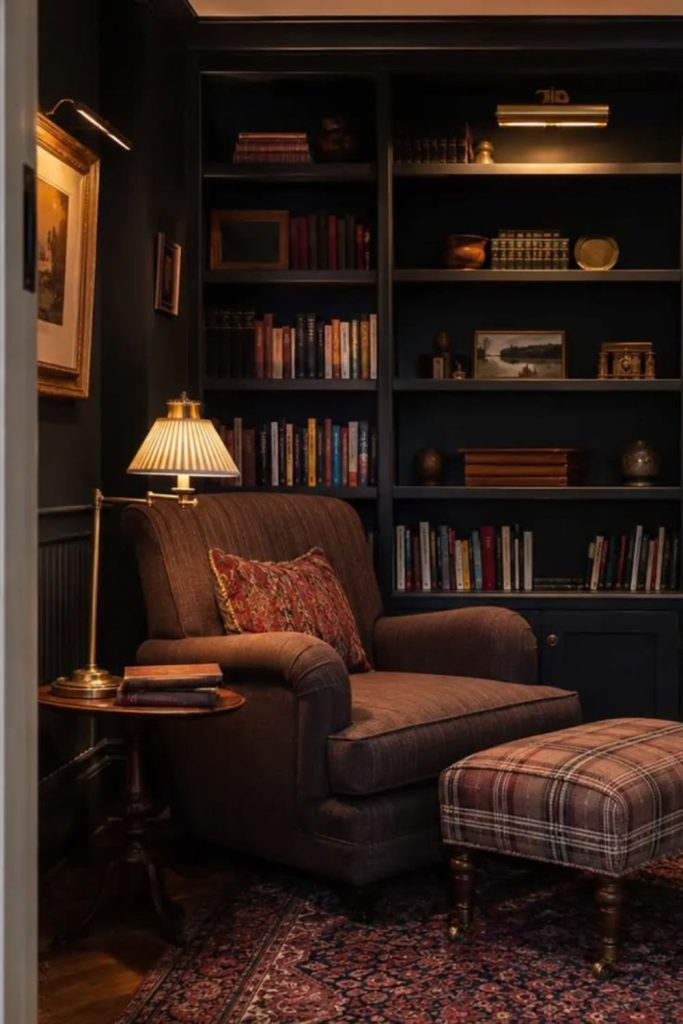 Moody dark cozy reading nook.
