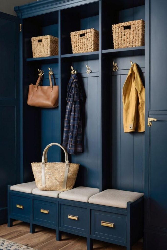 Moody navy mudroom with brass