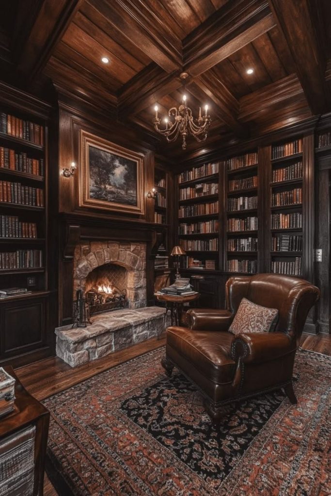 Moody walnut shelves with leather seating.
