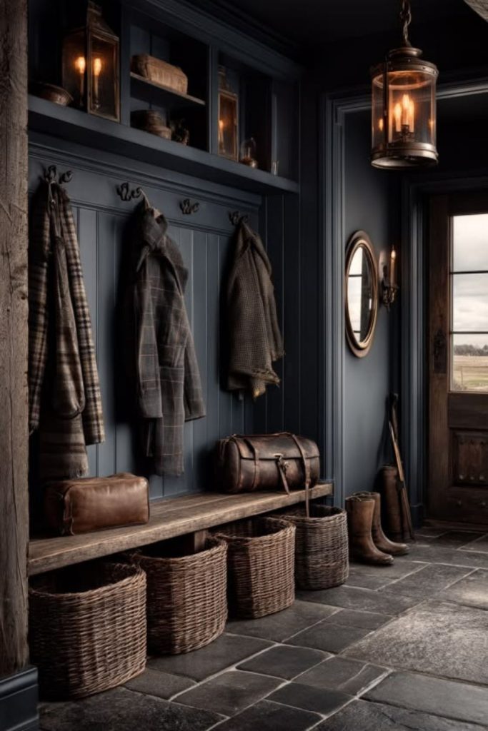 Moody green woodland boot room interior.