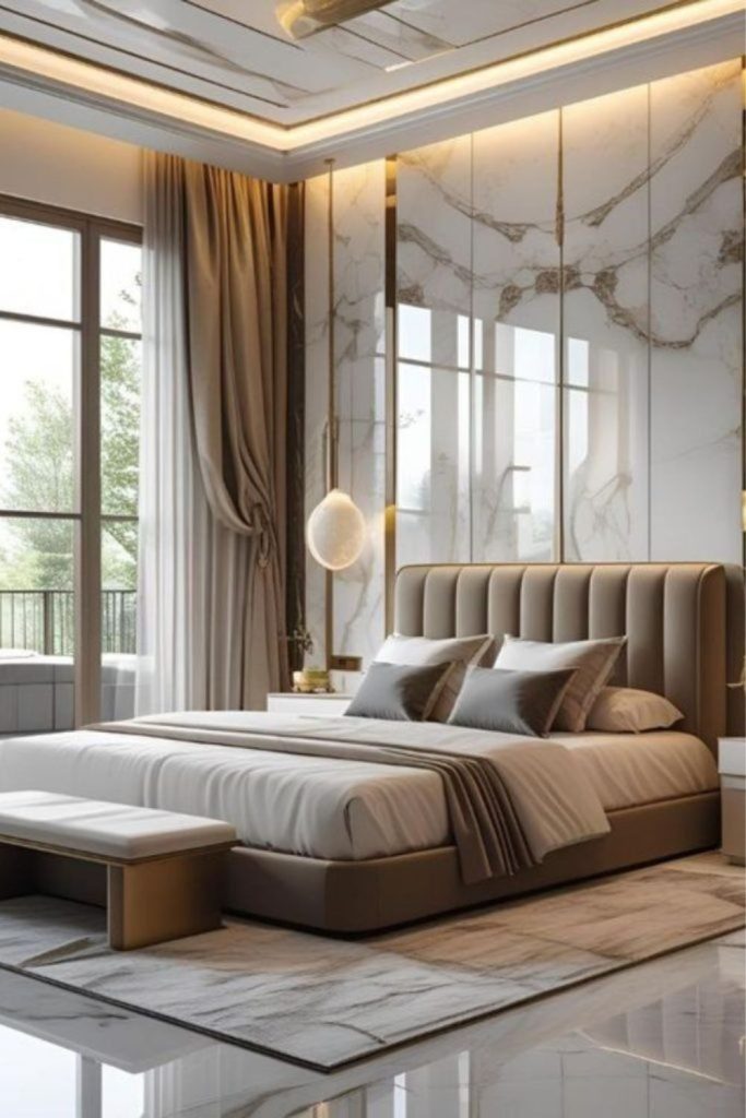 Marble moonlight luxurious contemporary bedroom interior.