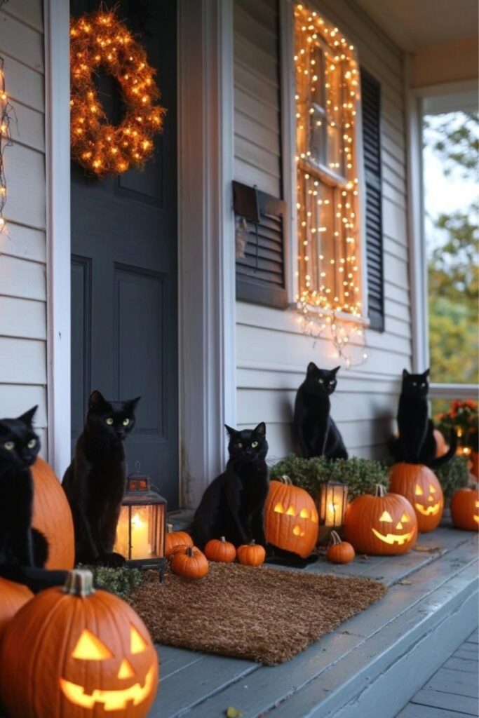 Black cat themed haunted porch decor.