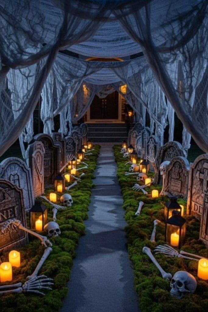 Moonlit graveyard gateway with spooky tombstones.