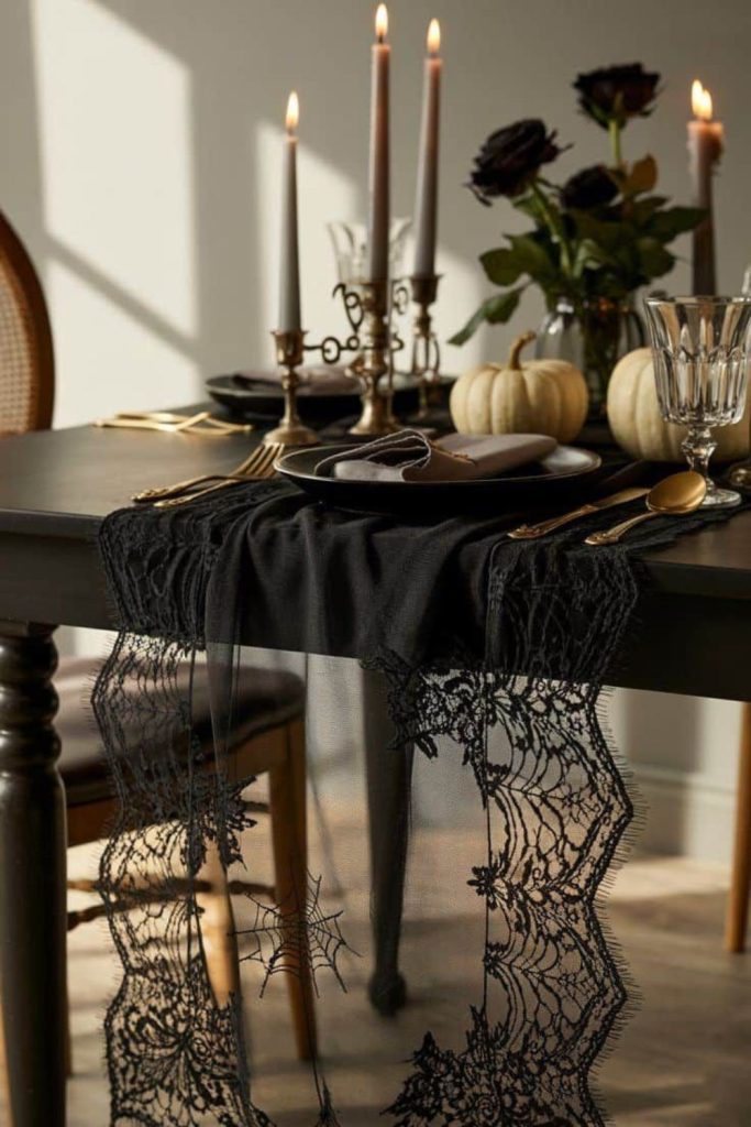 Vintage lace dining table Halloween decor.