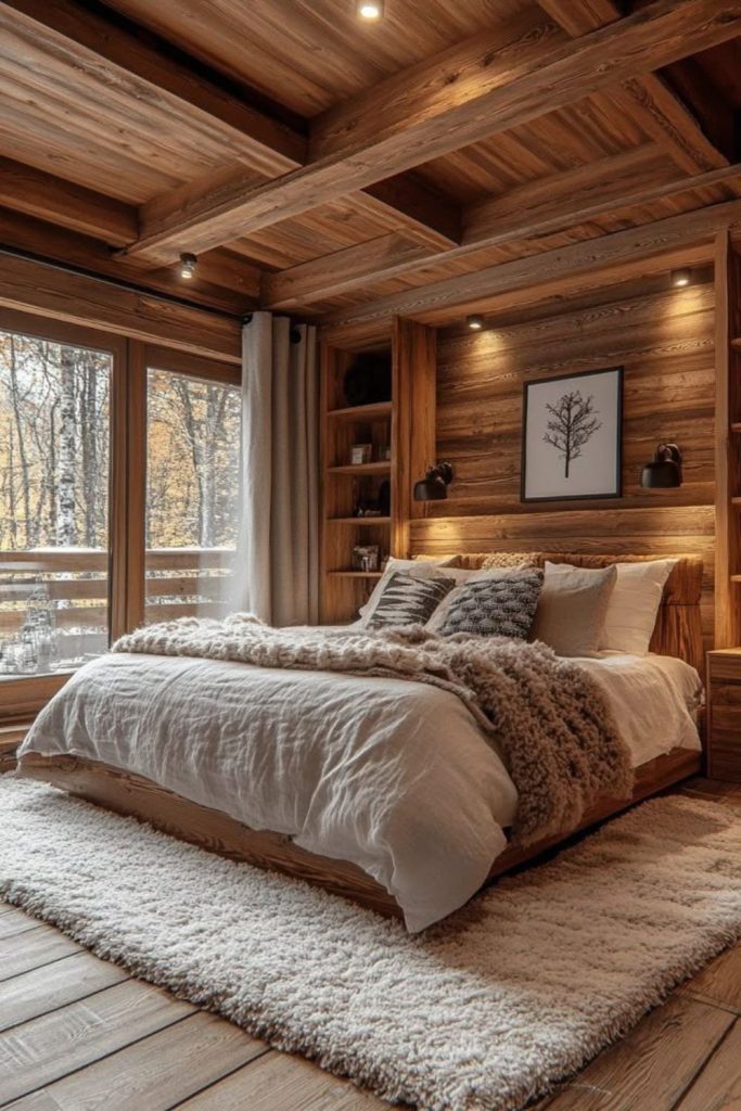 Mountain cabin bedroom with stone fireplace.
