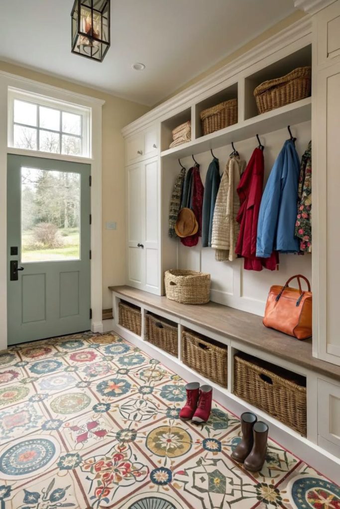 Statement tile mudroom flooring design