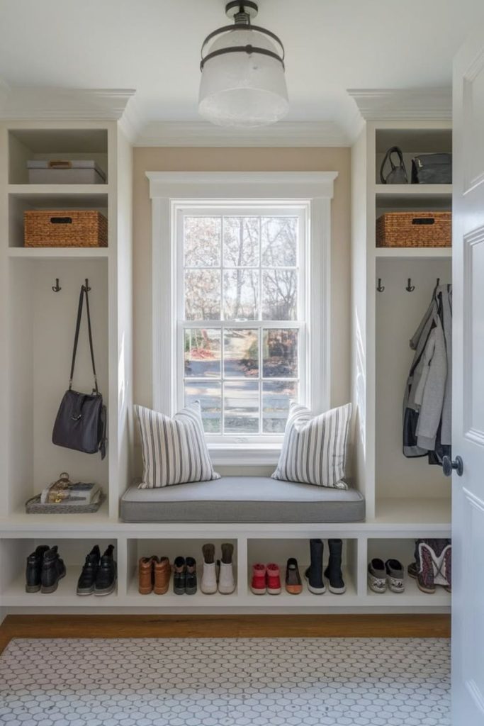Mudroom window seat storage nook