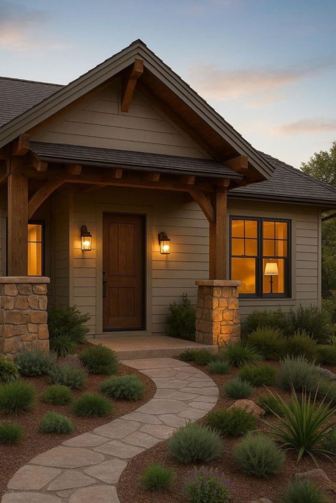 Mushroom gray house with walnut brown.