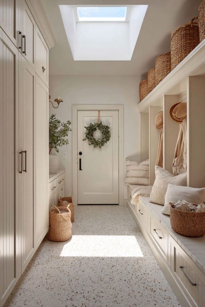 Narrow hallway mudroom storage solution