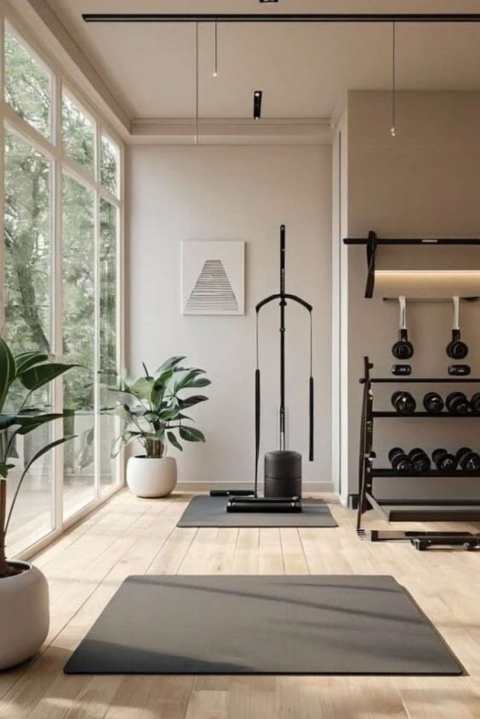 Natural light home workout room.
