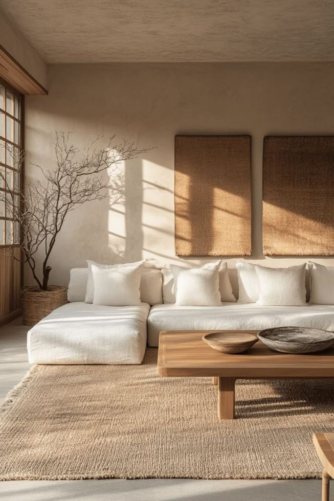 Natural linen Japandi living room.