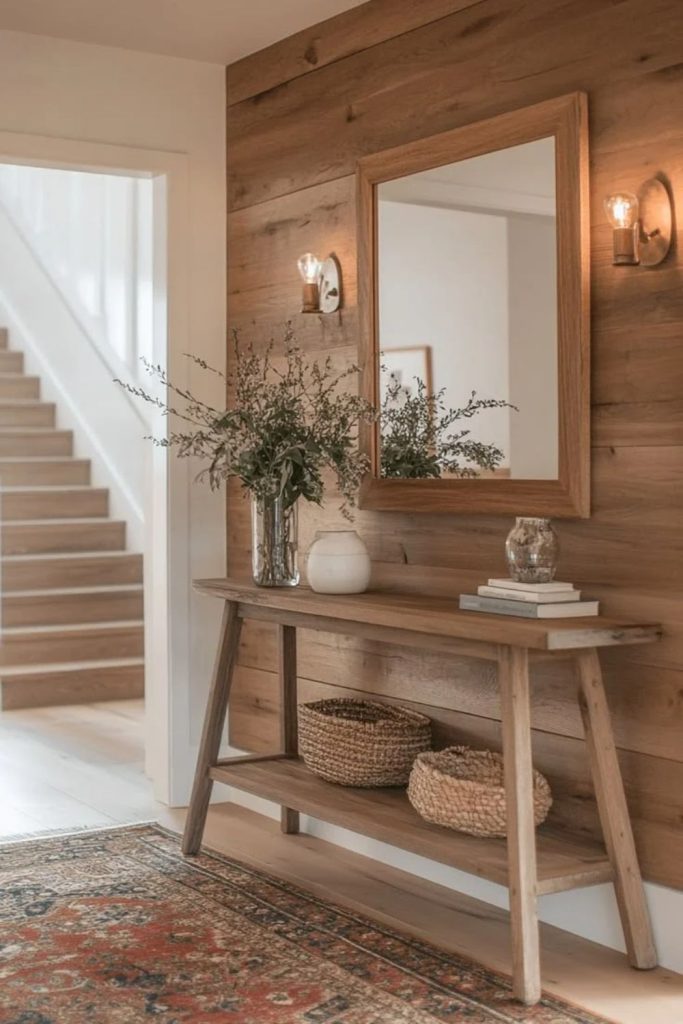Natural wood entryway with statement console