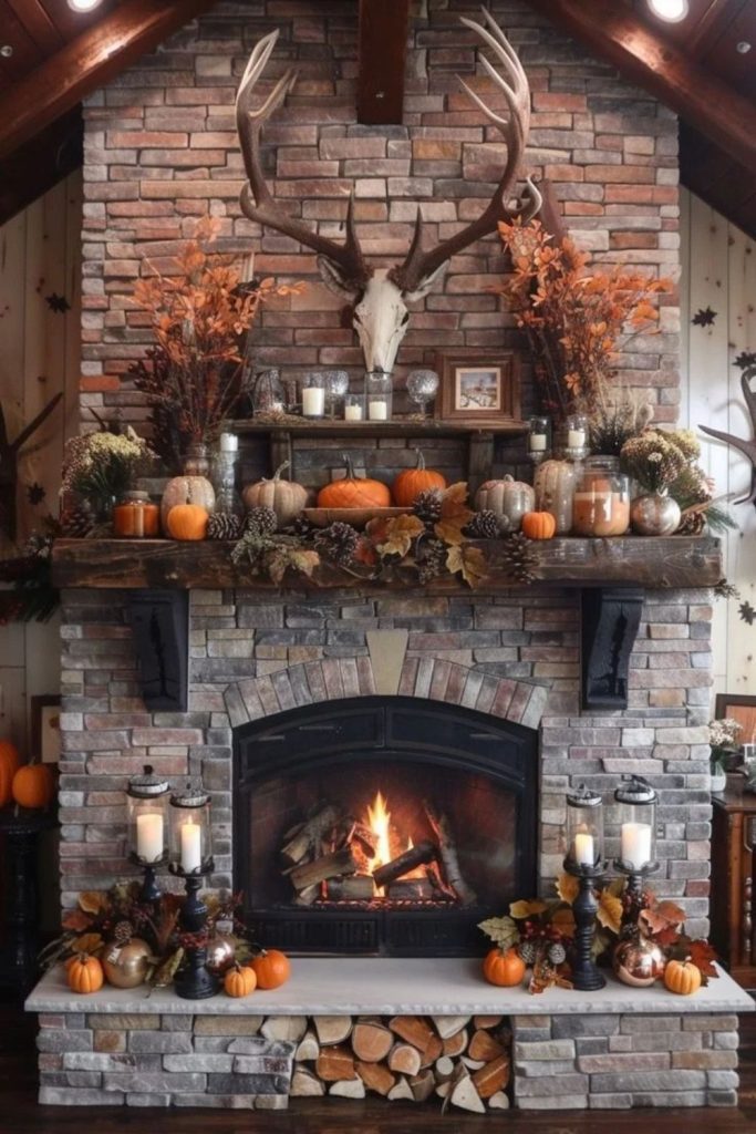 Natural woodland mantel with pumpkins and foliage.