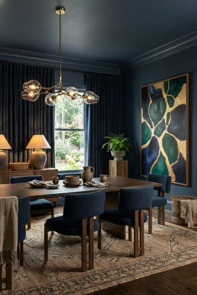 Navy dining room with walnut furniture.