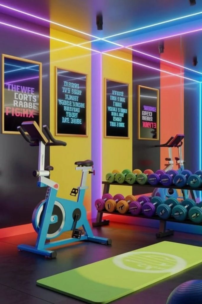 Colorful neon home fitness lounge.