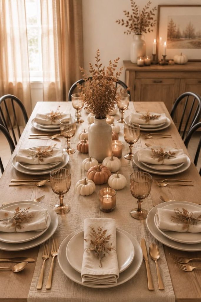 Neutral linen Thanksgiving table setting