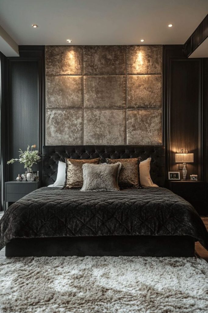 Obsidian silk dramatic luxury bedroom interior.
