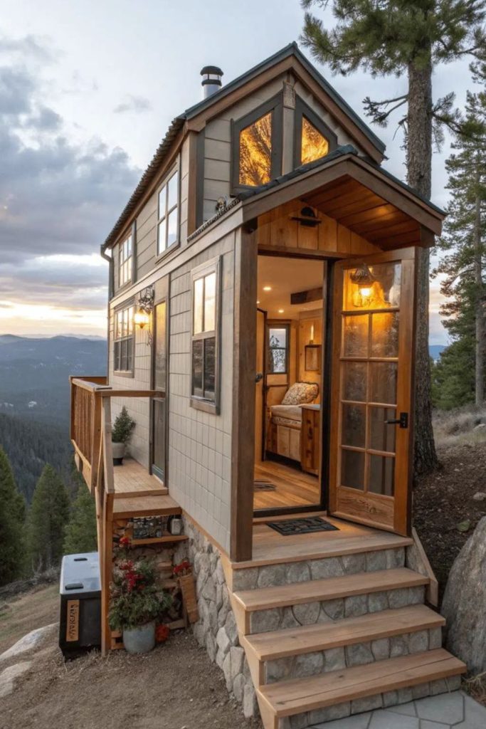 Off-grid mountain micro cabin exterior.