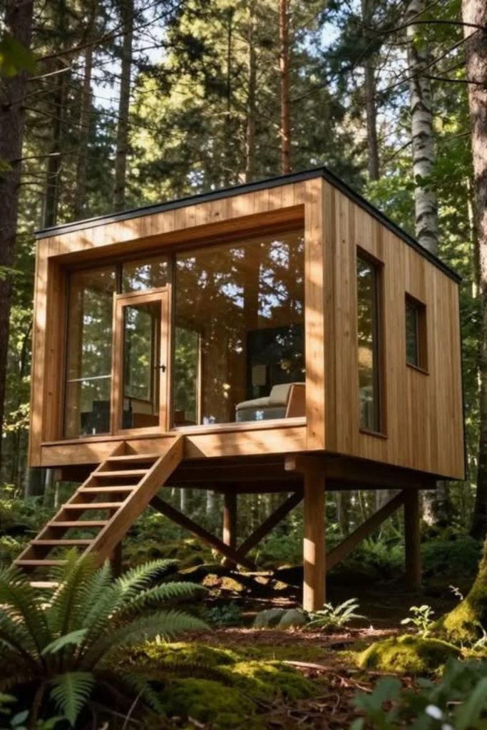 Off-grid woodland tiny cabin retreat.