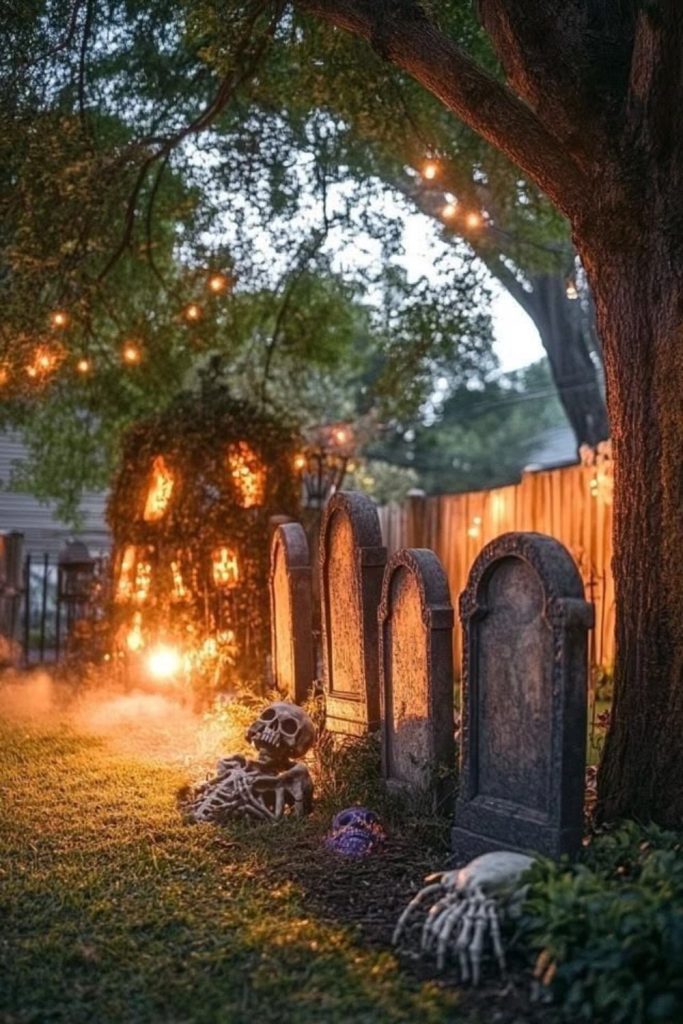 Vintage cemetery garden with weathered tombstones.