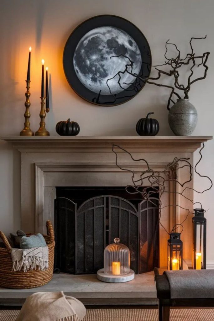 Vintage fireplace decorated for Halloween season.