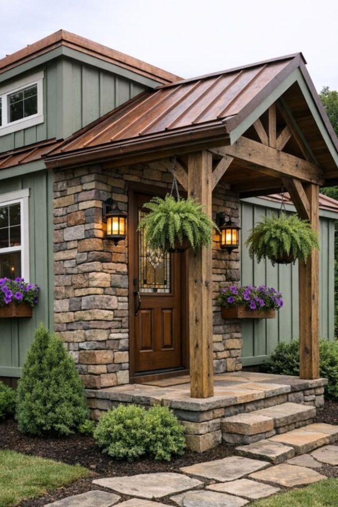 Olive green cottage front design.