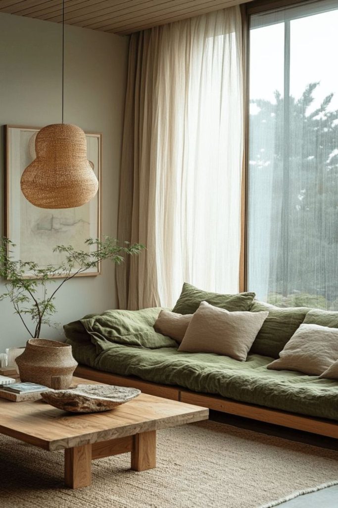 Olive green Japandi living room.