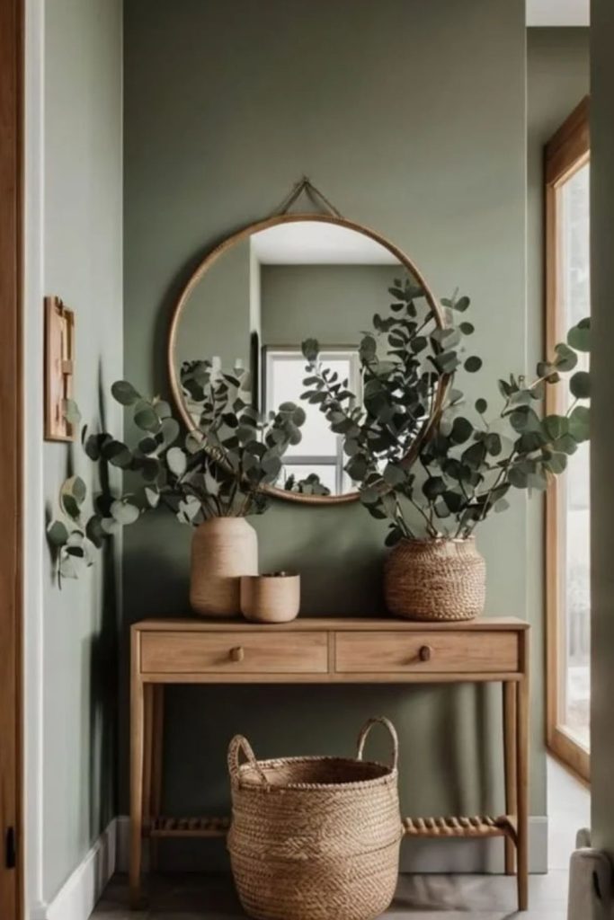 Olive green entryway with brass