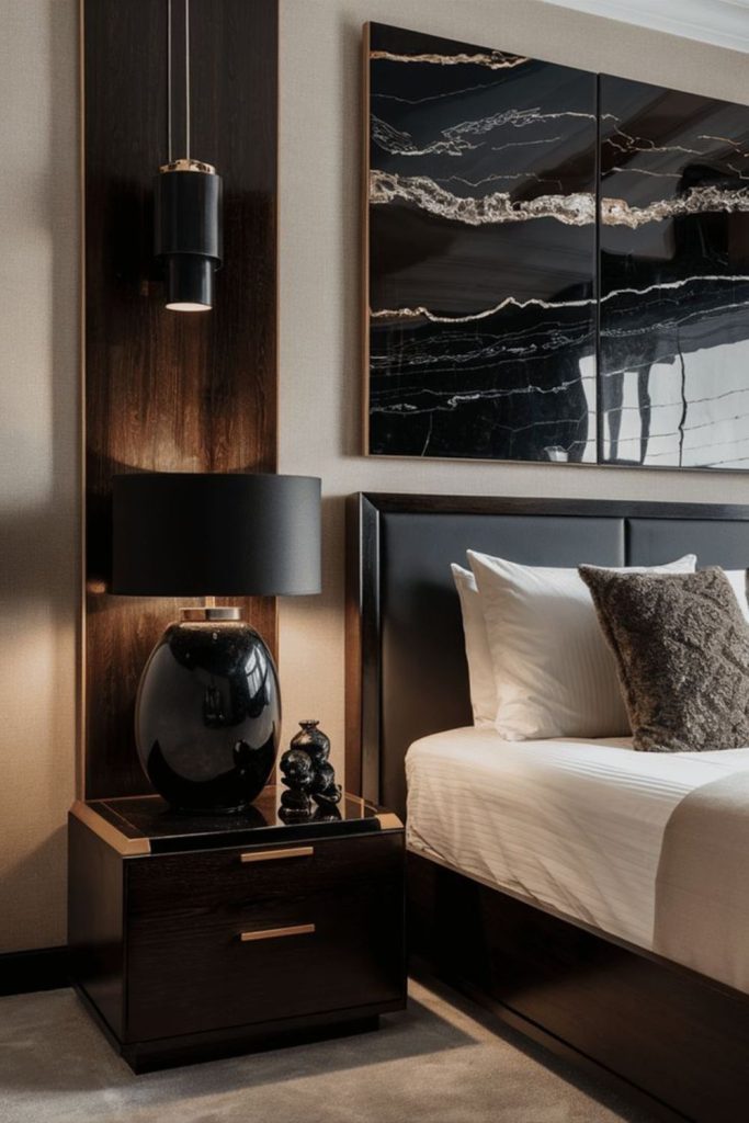 Black onyx contemporary luxury bedroom design.