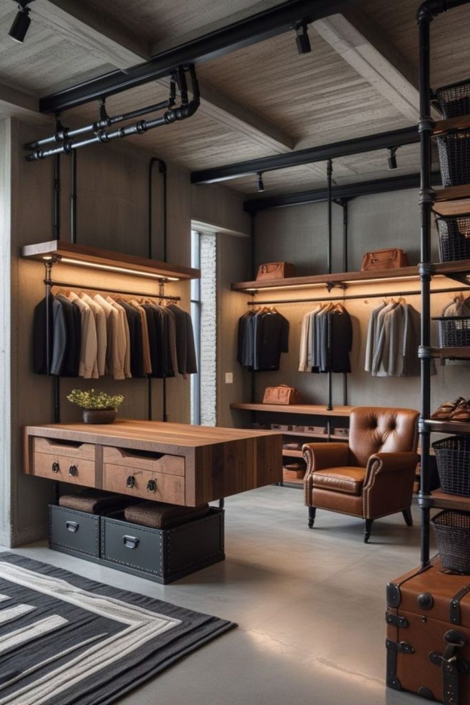 Open-concept clothing gallery wardrobe interior.