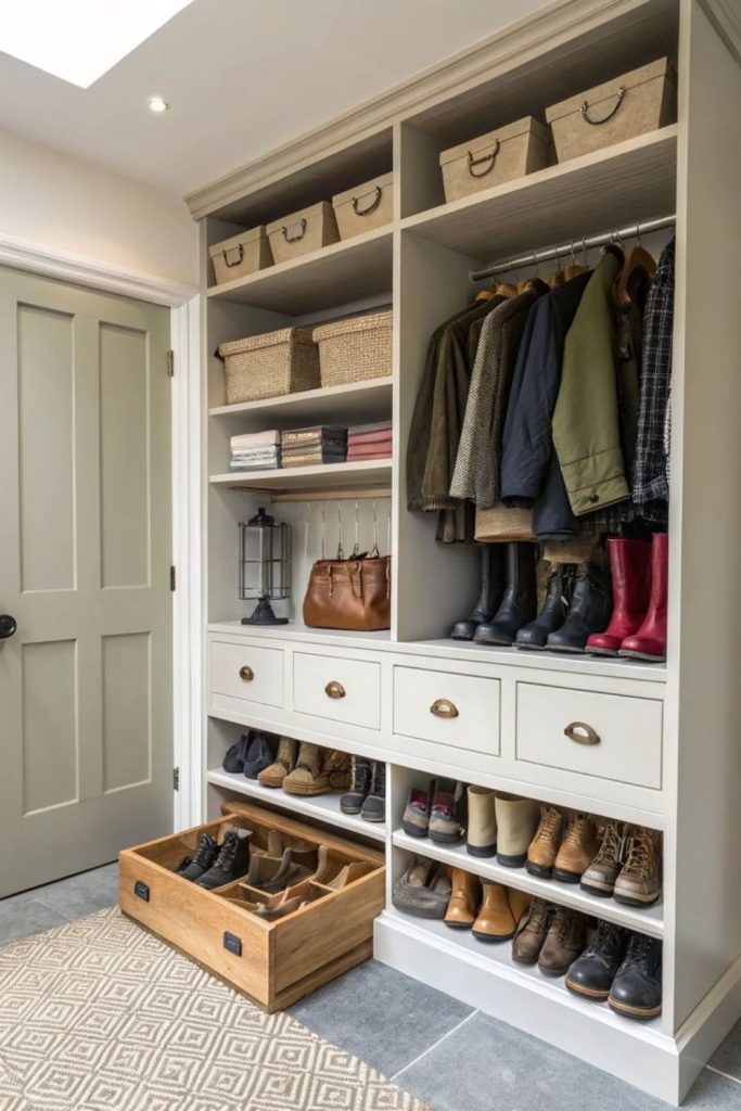 Open cubby boot station with seating.