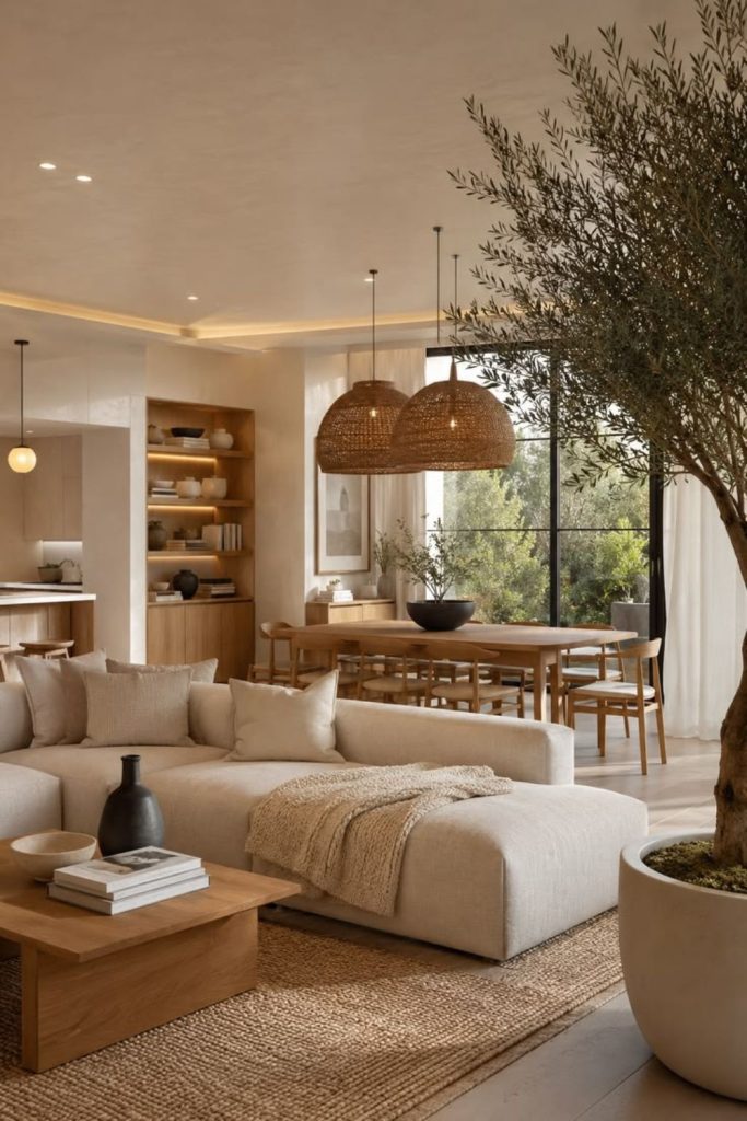Open-plan Japandi living room.