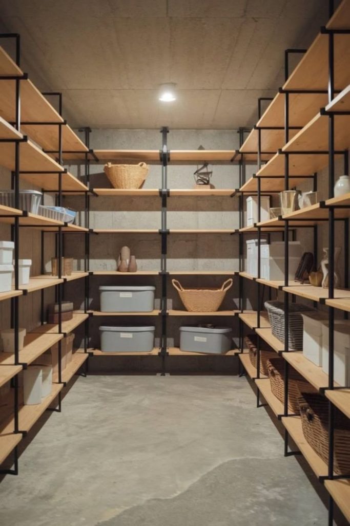 Open storage unfinished basement workshop