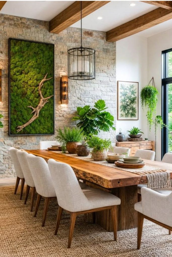 Organic dining room filled with greenery.