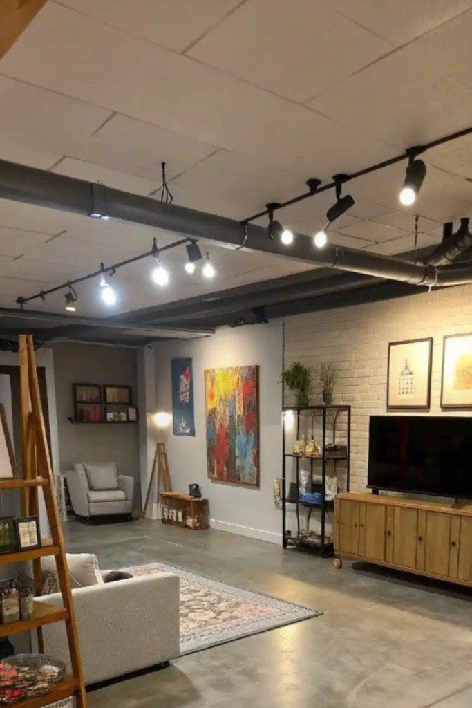 Painted concrete unfinished basement makeover