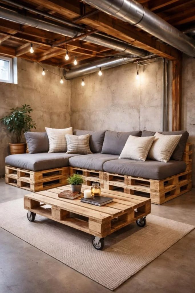 Pallet wood unfinished basement hangout