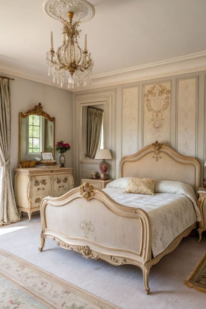 Elegant Parisian bedroom with antique charm.