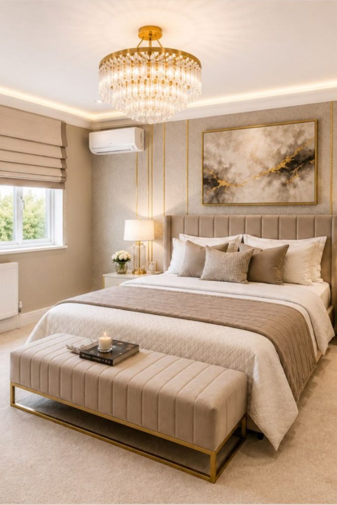 Pearl neutral contemporary luxury bedroom design.