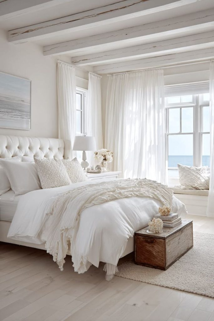 Pearl white bedroom with luxury linens.