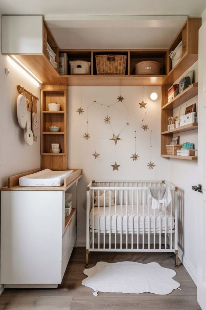 Petite box room nursery with storage.