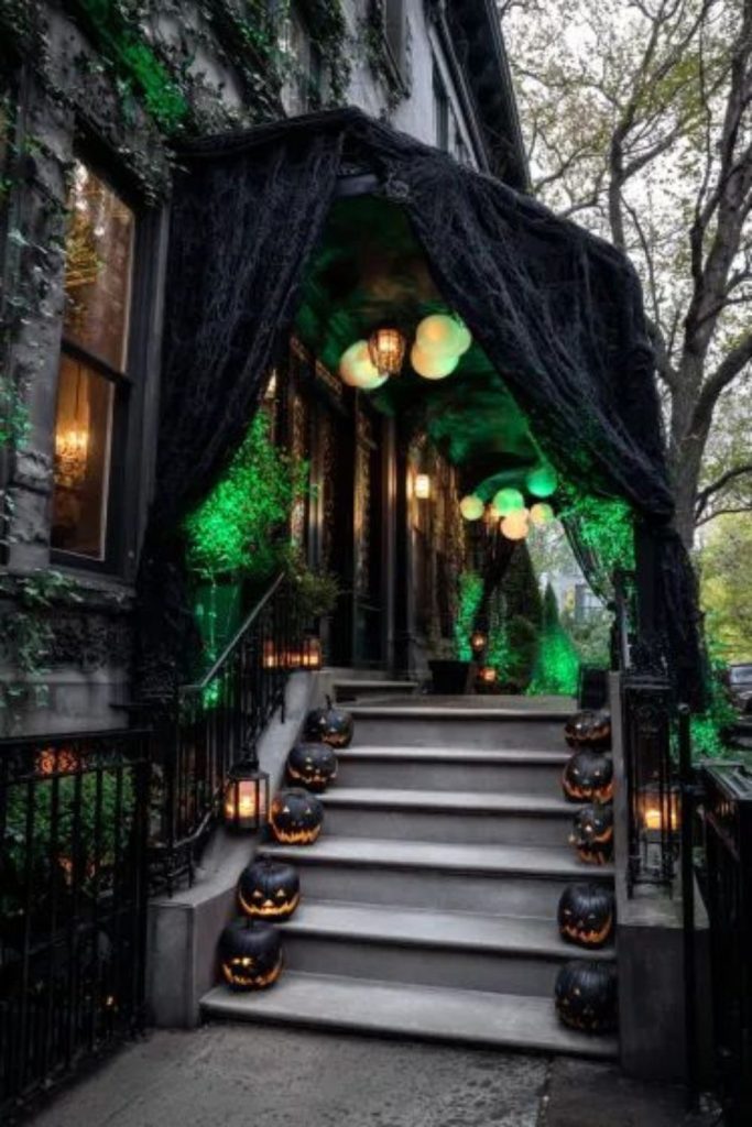 Ghostly ballroom inspired elegant Halloween porch.