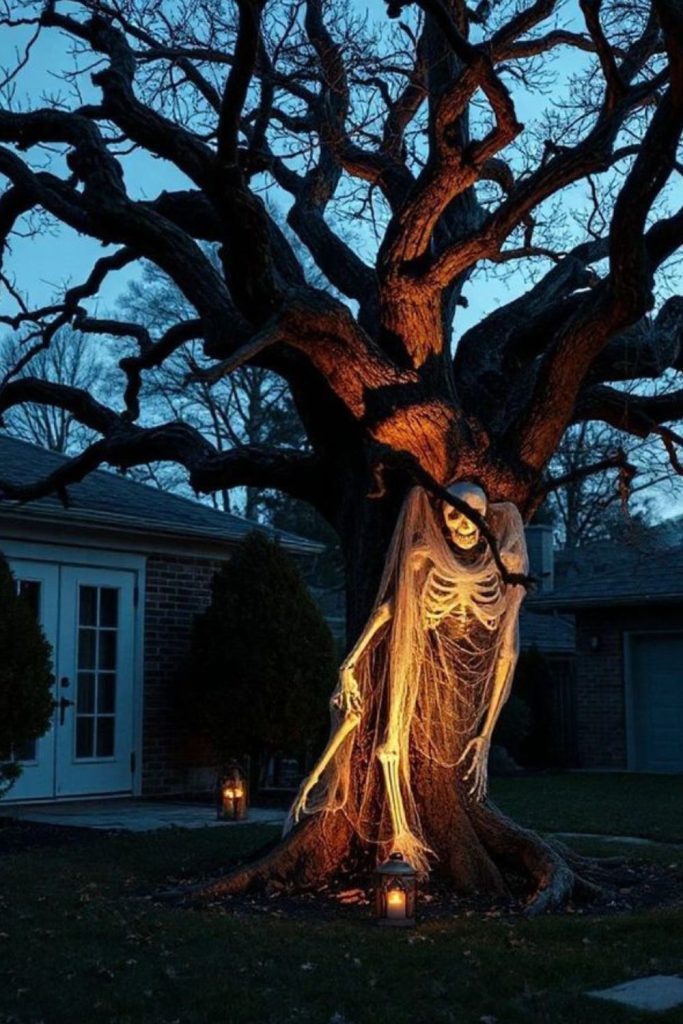 Phantom ghosts hanging among graveyard trees.