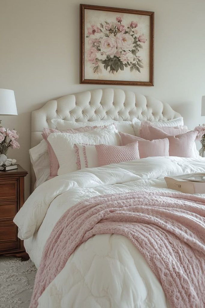 Pink chintz grandmillennial bedroom interior.
