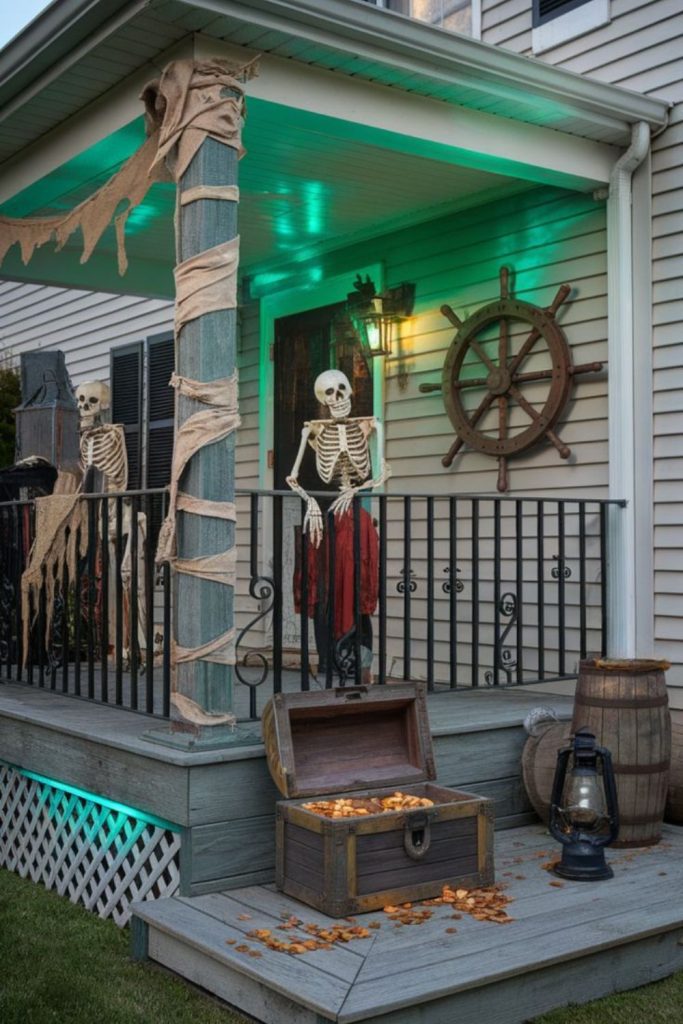 Haunted pirate dock Halloween porch display.
