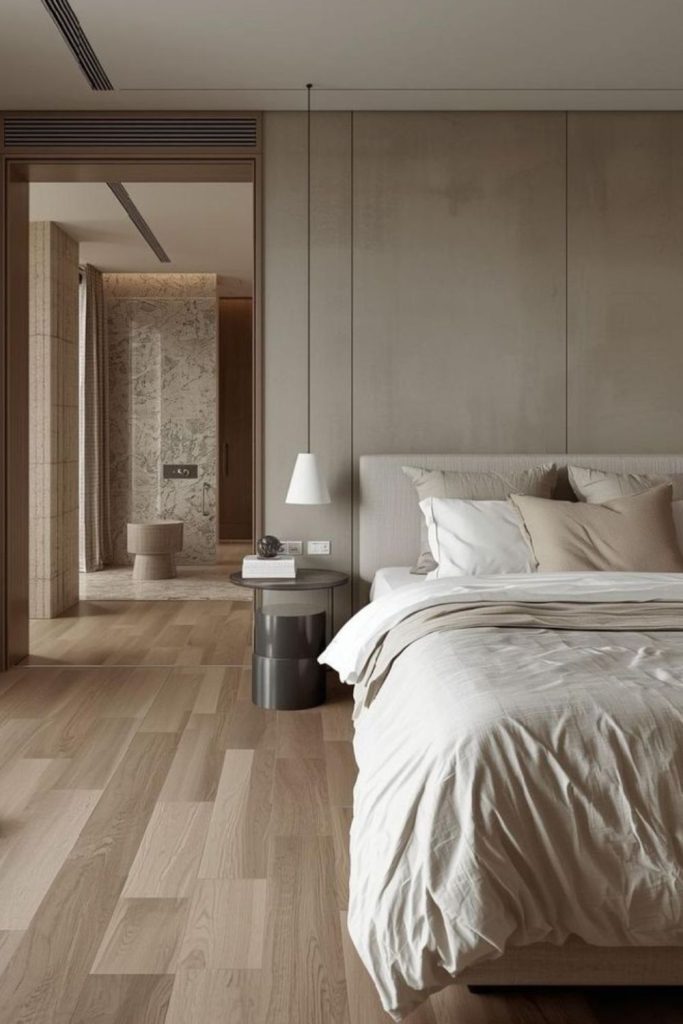 Platinum oak luxury bedroom with curtains.